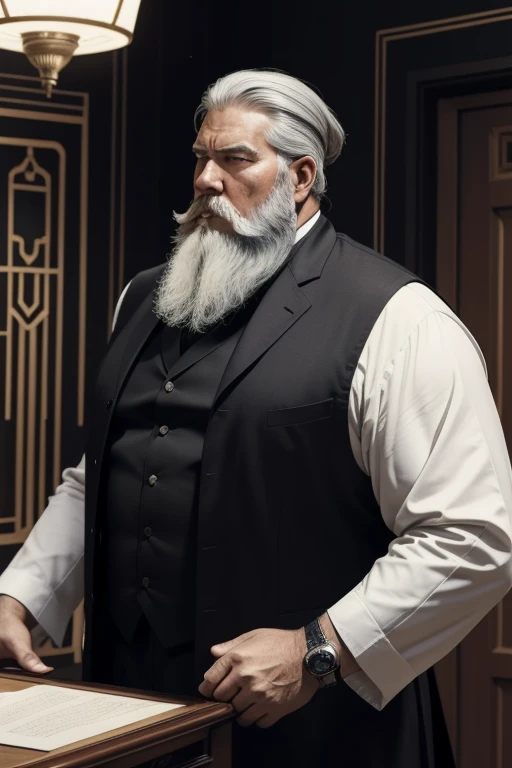 1man, Art Nouveau Style, heavy ink lines, The general enters his room looking at his black bionic right hand . The general orders an immediate exploration of the planet, he has a large, thick white beard he has a general&#39;with hat on head, wears a modern uniform, hand gestures for spectators, he is chubby and chubby, extremely thick thighs, Large belly, plumpness, 65 years old, he holds a mug of hot coffee , Ambience: inside a ship. Full body photography Full body photography different angles of the image. Different image angles 
