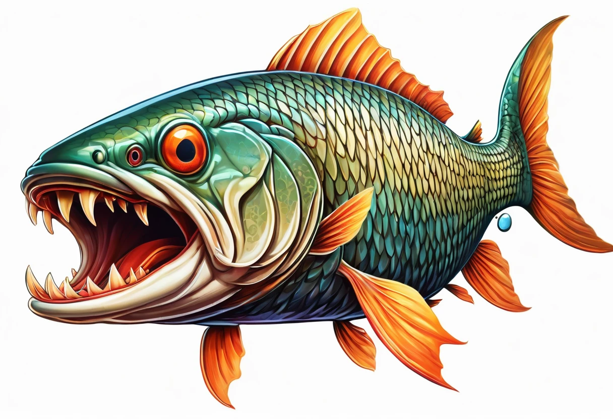 A grass carp，Faucet，Horns on the head，fear，Scary，Huge teeth，ferocious，（((side view：1.2)))，White background，cartoon，Second Dimension