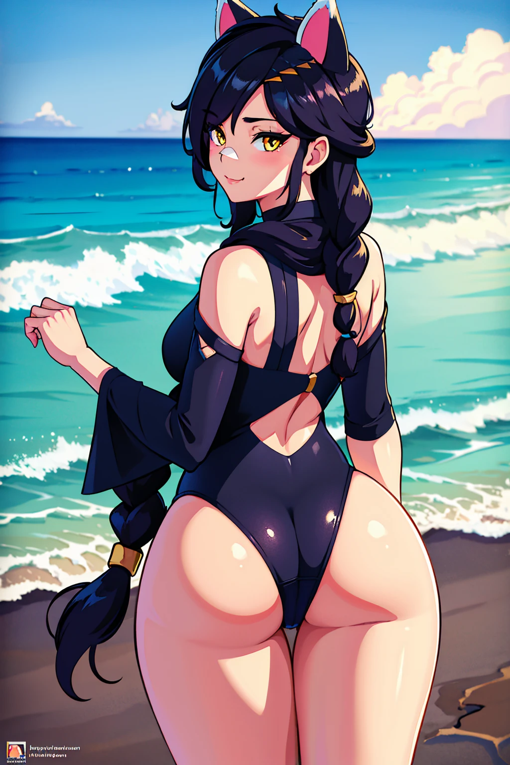Erisa, 1girl, solo, long hair, looking at viewer, black hair, bandaid on face, yellow eyes, animal ears, smile, bandaid on nose, braid, cat ears, bandaid, bangs, breasts, fake animal ears, simple background, fang, bare shoulders, scar, bare shoulders, closed mouth, hair over one eye, portrait, hair over shoulder, legs, seductive, bathing suit, 2 piece swimsuit, beach, realistic, highly detailed face, detailed eyes, best quality, masterpiece, ultra detail, ultra high res, extreme detail, 8k, uhd, voluptuous, curvy, thick thighs, milf, butt, ass, round ass, from behind, holding up butt,