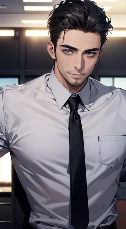 (best quality,4k,8k,highres,masterpiece:1.2),ultra-detailed,(realistic,photorealistic,photo-realistic:1.37),1 man,31 years old,mature man,very handsome,without expression,smile,short grey black hair,blue eyes,penetrating gaze,perfect face without errors,imposing posture,businessman,office background,cinematic lighting,hdr image