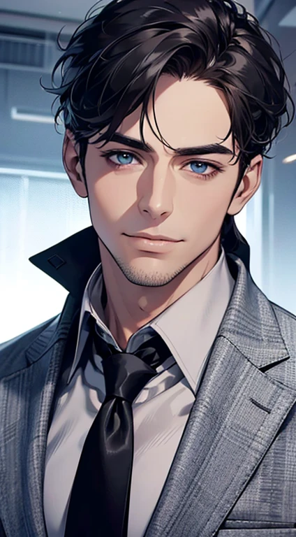 (best quality,4k,8k,highres,masterpiece:1.2),ultra-detailed,(realistic,photorealistic,photo-realistic:1.37),1 man,31 years old,mature man,very handsome,without expression,smile,short grey black hair,blue eyes,penetrating gaze,perfect face without errors,imposing posture,businessman,office background,cinematic lighting,hdr image
