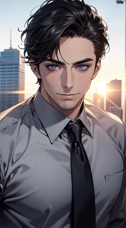 (best quality,4k,8k,highres,masterpiece:1.2),ultra-detailed,(realistic,photorealistic,photo-realistic:1.37),1 man,31 years old,mature man,very handsome,without expression,smile,short grey black hair,blue eyes,penetrating gaze,perfect face without errors,imposing posture,businessman,office background,cinematic lighting,hdr image