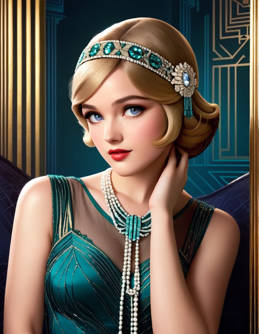 Create an image that visually represents the quote "I hope she'll be a fool — that's the best thing a girl can be in this world, a beautiful little fool" from the book "The Great Gatsby" by F. Scott Fitzgerald.

The image should depict a young woman in the 1920s, dressed in the fashion of the era, with a dreamy and innocent expression on her face. She could be in a luxurious, opulent setting, perhaps surrounded by extravagant parties, but her gaze should be distant and somewhat oblivious to the world around her. This image should capture the idea of societal expectations and the desire to shield someone from the harsh realities of the world, as expressed in the quote.