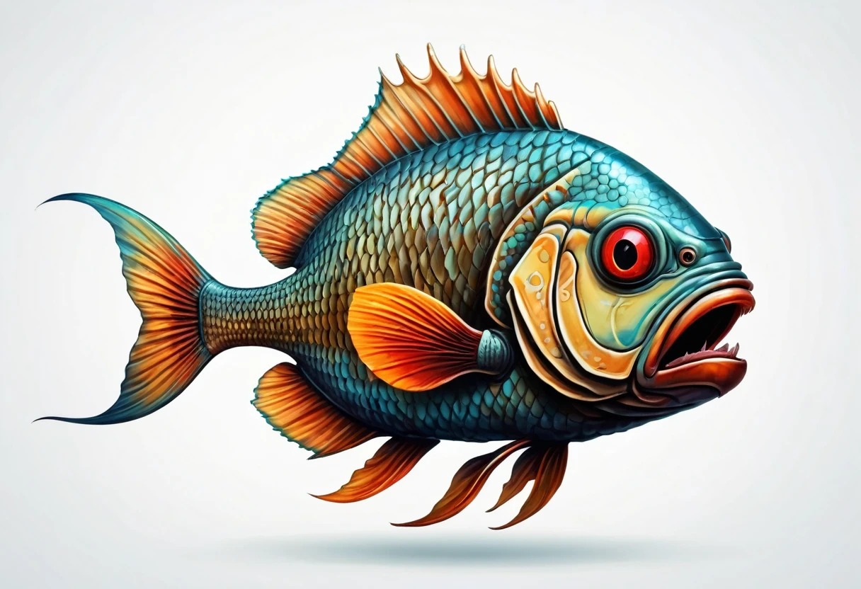An ancient mutant tilapia，Faucet，Horns on the head，fear，Scary，Huge teeth，ferocious，（side view：1.2），White background，cartoon，Second Dimension