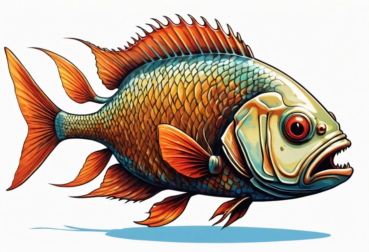 An ancient mutant tilapia,Faucet,Horns on the head,fear,Scary,Huge teeth,ferocious,(side view:1.2),White background,cartoon,Second Dimension