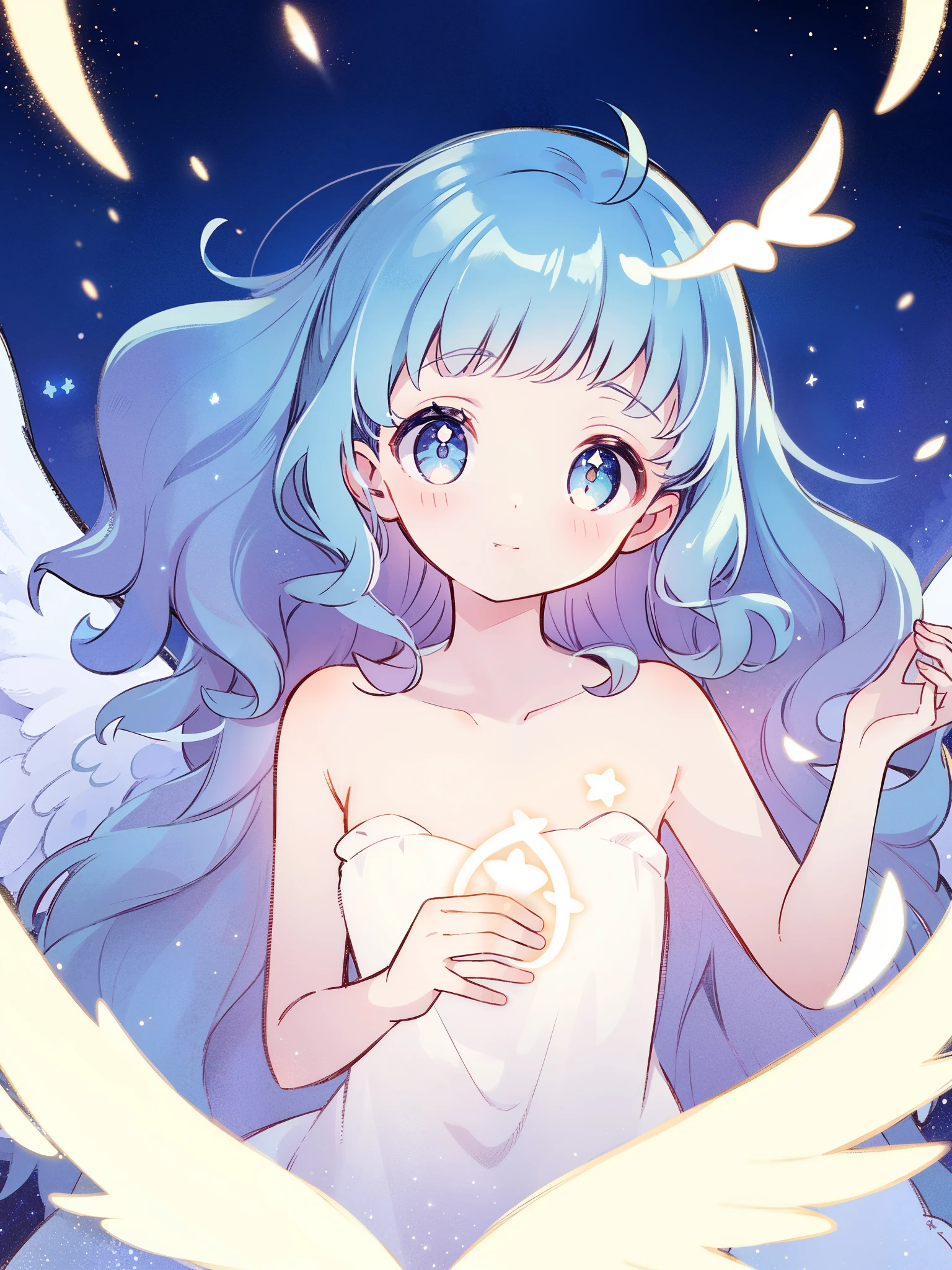 nude angel girl wearing an ethereal translucent dress, pale skin, ((blue mint wavy hair)), white feathers, angel wings, sparkling detailed eyes, golden ratio face, perfect composition, highly detailed, ethereal, (starry night sky background), midjourney style