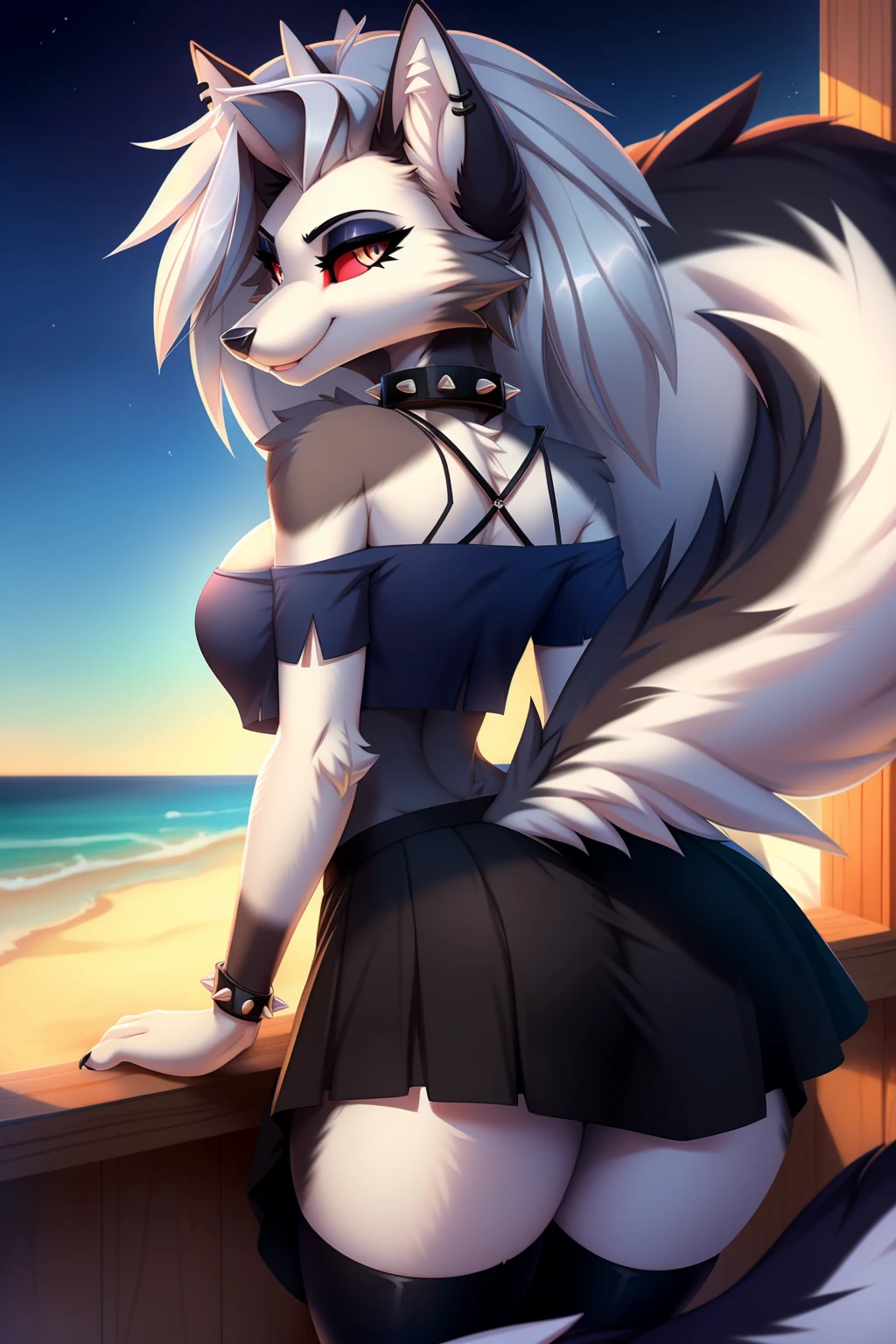 By zinfyuu on pixiv,by twistedscarlet60, uploaded on pixiv, by fluff-kevlar, (masterpiece), (best quality), (anthro furry:1.3, snout:1.2, anthro:1.3, furry:1.2, solo female:1.2), (extremely detailed:1.3), (Detailed eye part: White lens, red iris,black cornea), tall, slim body, sweet smile, wear Black tshirt and long skirt, loona, hellhound, busty, big breast, thick thighs, earrings, peircings, furry female, body fur, makeup, wolf ears, crop top, collar, spikes, jewelry, ear piercing, bracelet, wolf tail, ass from behind, butt, ass, round ass, bubble butt