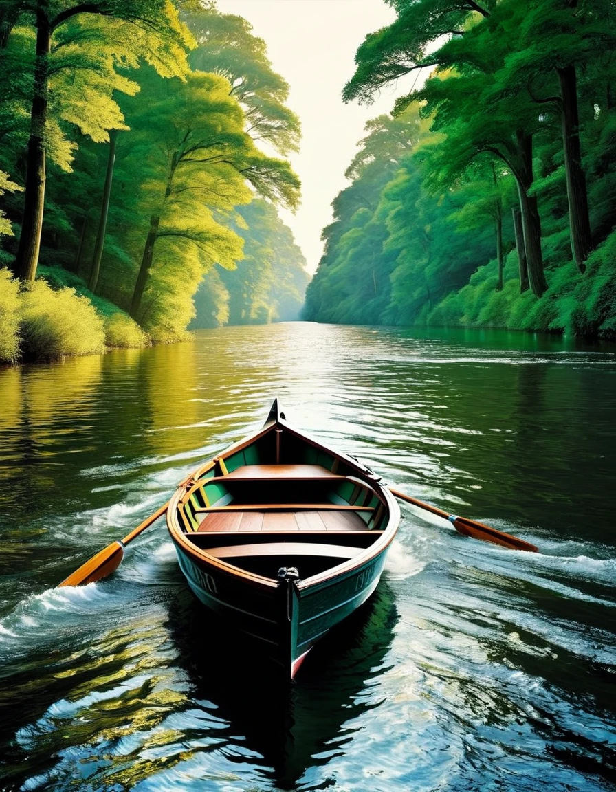 Create an image that visually represents the quote "So we beat on, boats against the current, borne back ceaselessly into the past" from the book "The Great Gatsby" by F. Scott Fitzgerald.

The image should feature a rowboat or a small boat on a river. The boat should be heading against a strong current, struggling to make progress, with the past represented by historical scenes and events fading into the distance behind it. The image should convey a sense of determined effort and the idea of individuals striving against the inexorable pull of time and history, which is a central theme in the novel