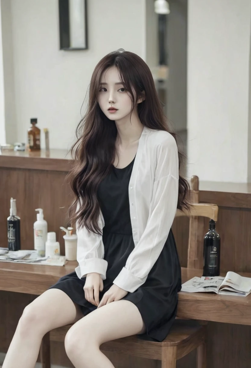 A Korean girl, messy long brown hair, beautiful, pale skin, black dress, hot, baddie