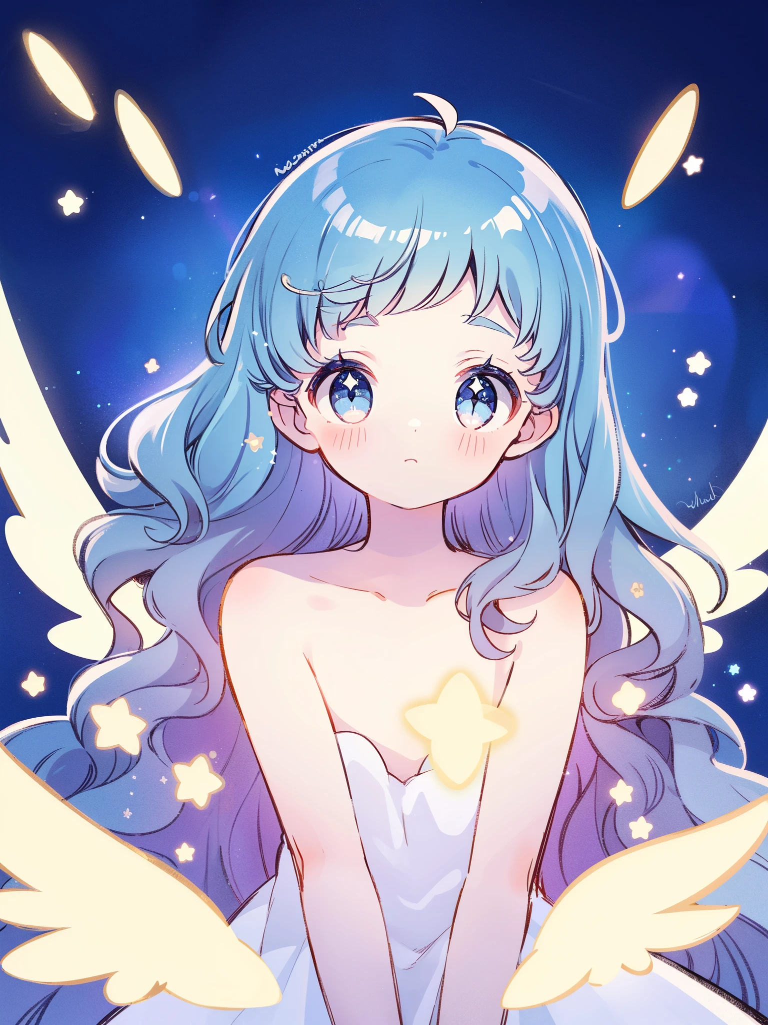 nude angel girl wearing an ethereal translucent dress, pale skin, ((blue mint wavy hair)), white feathers, angel wings, sparkling detailed eyes, golden ratio face, perfect composition, highly detailed, ethereal, (starry night sky background), midjourney style