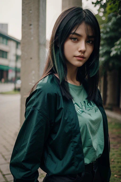 a girl with long wolf cut hairstyle, darkgreen green and black hair, facing forward, with a cool smirk, beautiful face, masterpiece, best quality, boyish clothing, korean girl, dark blue green eyes, masterpiece, portrait.