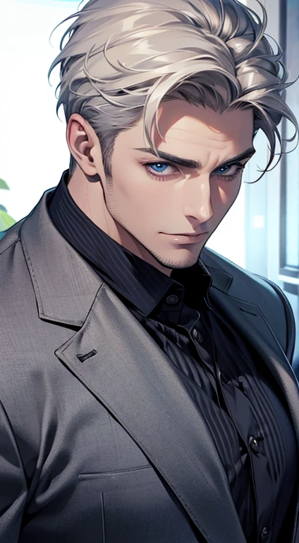 (best quality,4k,8k,highres,masterpiece:1.2),ultra-detailed,(realistic,photorealistic,photo-realistic:1.37),1 man,31 years old,mature man,very handsome,without expression,smile,short grey white hair,blue eyes,penetrating gaze,perfect face without errors,imposing posture,businessman,office background,cinematic lighting,hdr image