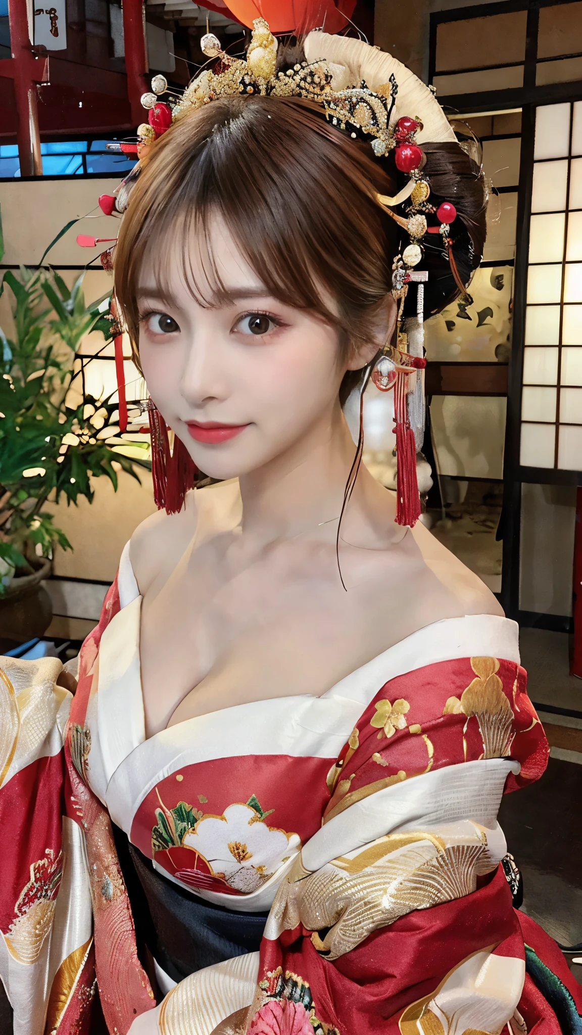 (Detailed skin:1.2),(Shiny skin:1.1),8K,Highest quality, masterpiece, Ultra-high resolution,(Realistic:1.4), RAW Photos,(Soft saturation:1.3),(Fair skin:1.2),Half-Japanese beauty,repair,20 years, Light brown hair, (Up-Hairstyles:1.2), Asymmetrical Hair, (Pretty face:1.4), (Large Breasts, Tight waist), Beautiful lighting, (Sexy Oiran:1.2,),Highly detailed face, Highly detailed lips, fine grain, double eyelid, (Sharp focus: 1.2), (Perfect Anatomy),(Beautiful woman with perfect figure: 1.2)、Exposing cleavage、Random sexy poses,(Accentuate your leg lines:1.1)、kimono、Sharp Eyes,smile、Gorgeous hair ornament、Japanese style background