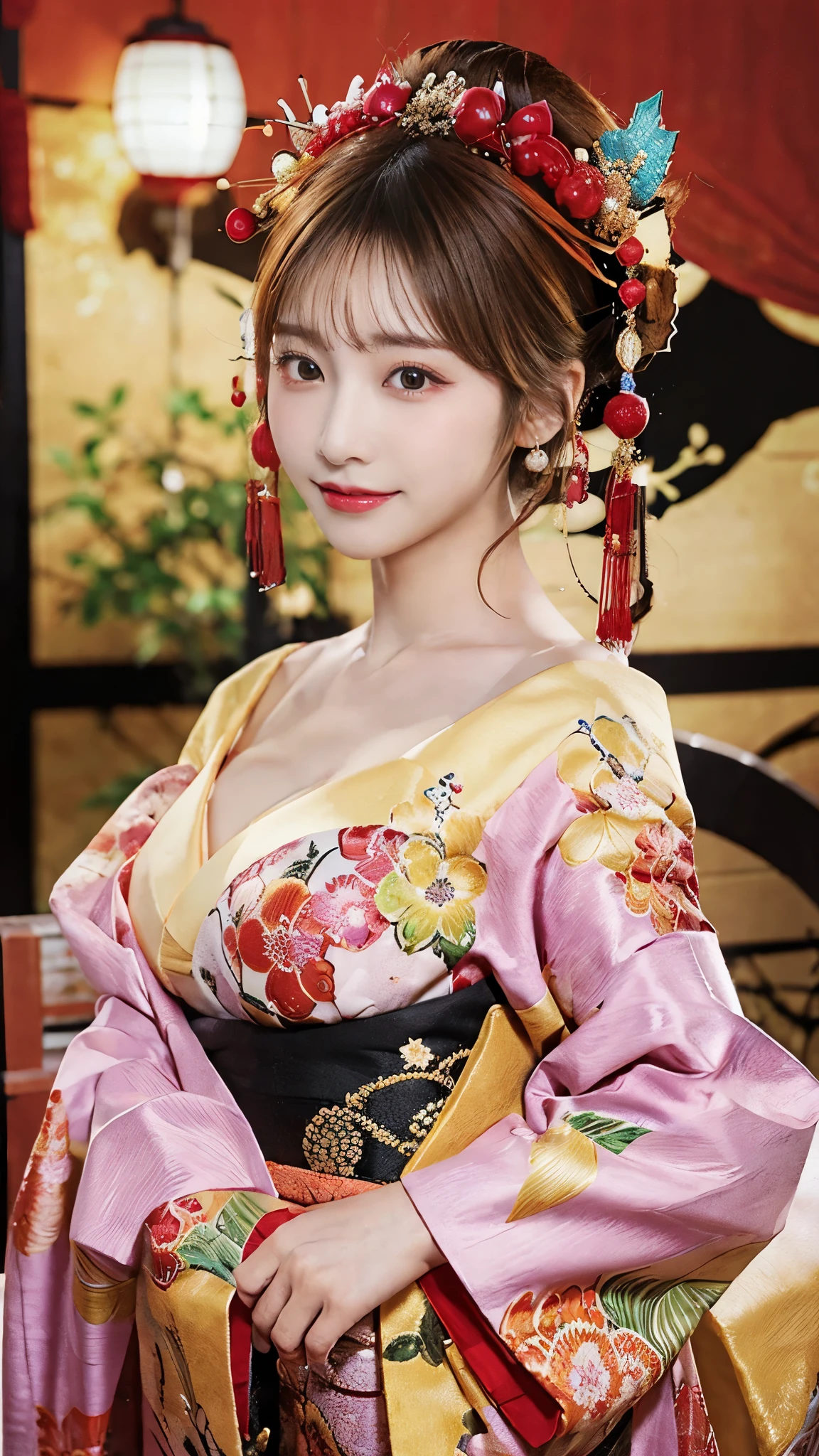 (Detailed skin:1.2),(Shiny skin:1.1),8K,Highest quality, masterpiece, Ultra-high resolution,(Realistic:1.4), RAW Photos,(Soft saturation:1.3),(Fair skin:1.2),Half-Japanese beauty,repair,20 years, Light brown hair, （Up-Hairstyles:1.2), Asymmetrical Hair, (Pretty face:1.4), (Large Breasts, Tight waist), Beautiful lighting, (Sexy Oiran:1.2,),Highly detailed face, Highly detailed lips, fine grain, double eyelid, （Sharp focus: 1.2）, （Perfect Anatomy),(Beautiful woman with perfect figure: 1.2）、Exposing cleavage、Random sexy poses，(Accentuate your leg lines:1.1)、kimono、Sharp Eyes,smile、Gorgeous hair ornament、Japanese style background