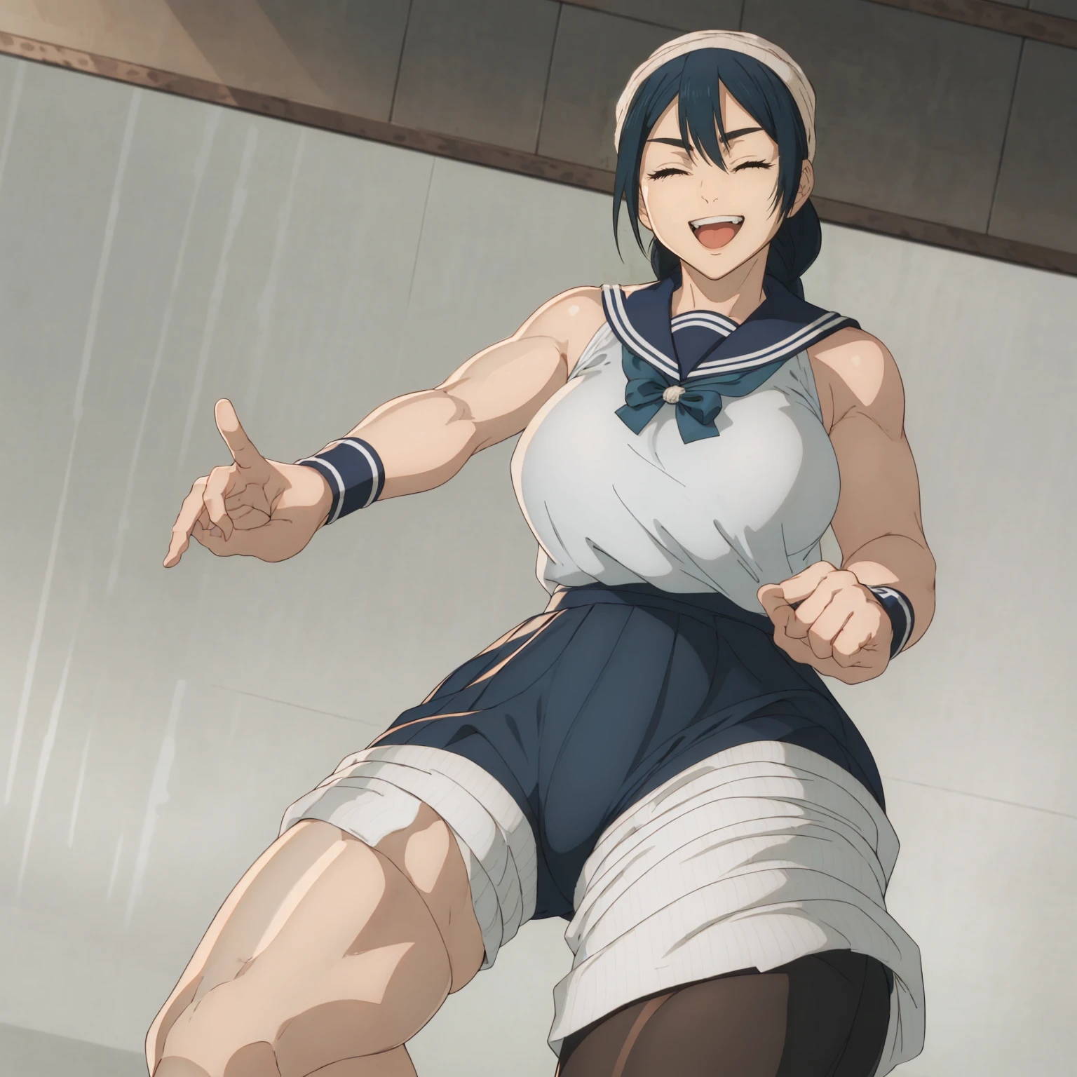 masterpiece,highres,high quality,extremely detailed,solo
looking at viewer,smile,open mouth,one eye closed,
RikoAmanai,1girl,
single braid,
head scarf,
serafuku,blue ribbon,
, (Fighting sexy pose), (Wrestling ring), (Big tits), (Wide Hips),
pantyhose,
stylish_pose,Smelly socks