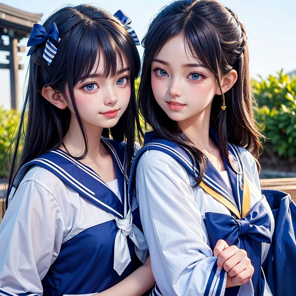 best quality, masterpiece,
Three Japanese-high-school-girls,
looking straight ahead and striking a gutsy pose are standing (separately:1.4), side by side,
wearing a short-sleeved Japanese-blue-high-school-sailor-suit,
(Japanese-blue-high-school-sailor-suit:1.7),
Reddish bow tie, with a school bag,
((too much smile)), very cute, face, head and waist fully visible, (soft eyes:1.2)
upper arms hidden by clothes and hair,(innocent and pure high-school-girls:1.7)
,(The image shows only the upper body:1.7)
(only one well-shaped beautiful mount Fuji:1.2), (shrine:1.2), summer(season) ,(outdoors:1.5),