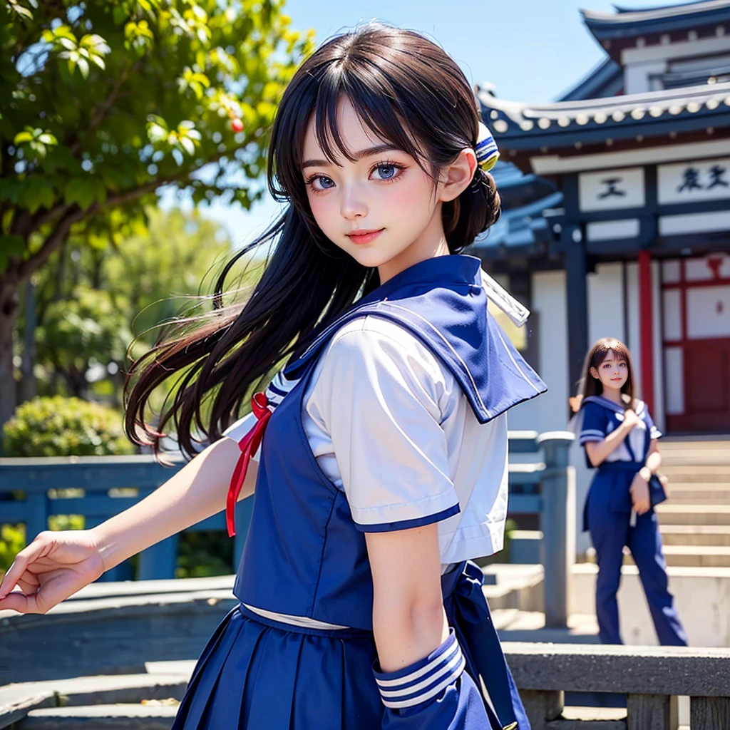 best quality, masterpiece, 

Three Japanese-high-school-girls, 

looking straight ahead and striking a gutsy pose are standing (separately:1.4), side by side, 

wearing  a short-sleeved Japanese-blue-high-school-sailor-suit,

(Japanese-blue-high-school-sailor-suit:1.7),

 Reddish bow tie, with a school bag, 

((too much smile)), very cute, face, head and waist fully visible, (soft eyes:1.2)

upper arms hidden by clothes and hair,(innocent and pure high-school-girls:1.7)

,(The image shows only the upper body:1.7)

 (only one well-shaped beautiful mount Fuji:1.2), (shrine:1.2), summer(season) ,(outdoors:1.5),