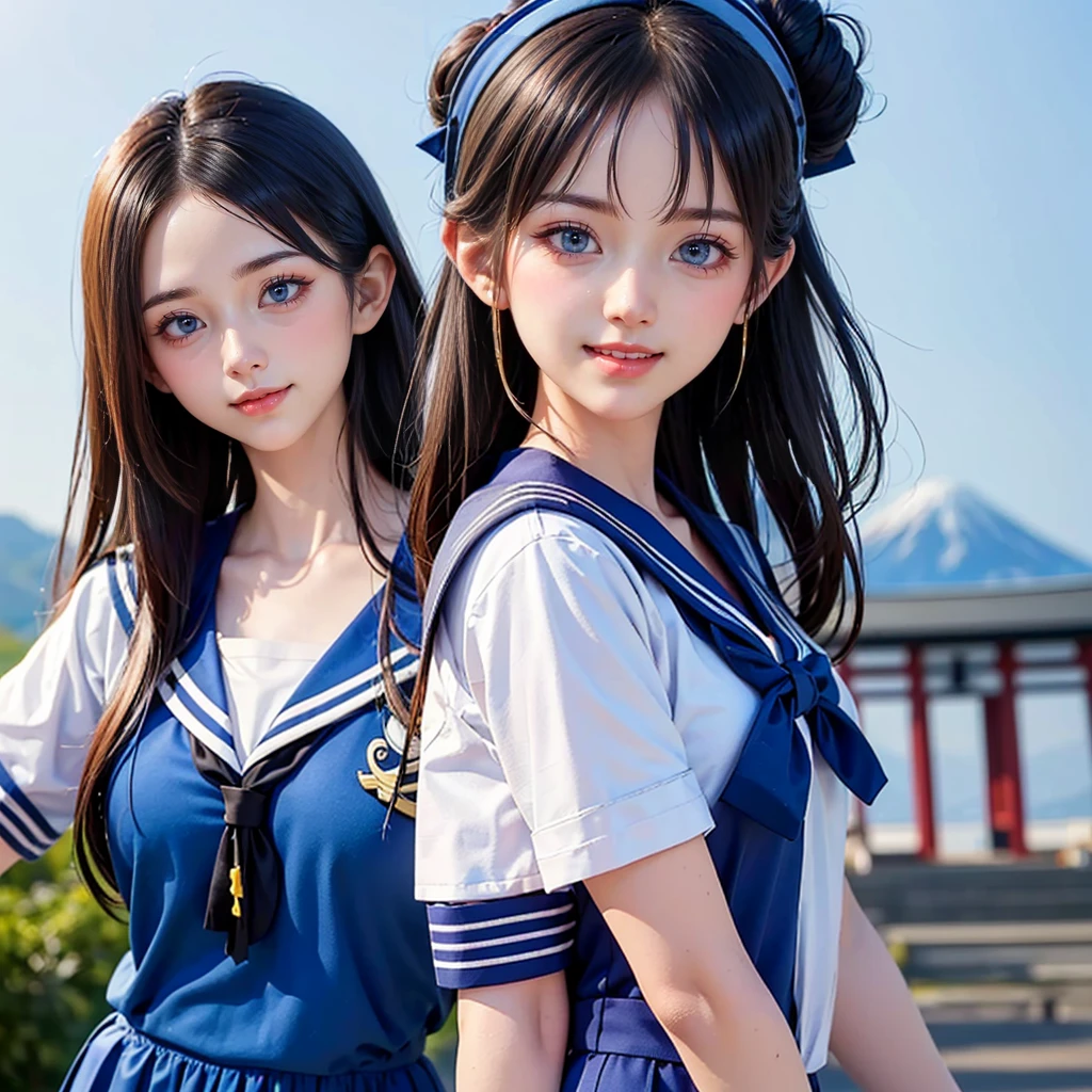best quality, masterpiece,
Three Japanese-high-school-girls,
looking straight ahead and striking a gutsy pose are standing (separately:1.4), side by side,
wearing a short-sleeved Japanese-blue-high-school-sailor-suit,
(Japanese-blue-high-school-sailor-suit:1.7),
Reddish bow tie, with a school bag,
((too much smile)), very cute, face, head and waist fully visible, (soft eyes:1.2)
upper arms hidden by clothes and hair,(innocent and pure high-school-girls:1.7)
,(The image shows only the upper body:1.7)
(only one well-shaped beautiful mount Fuji:1.2), (shrine:1.2), summer(season) ,(outdoors:1.5),