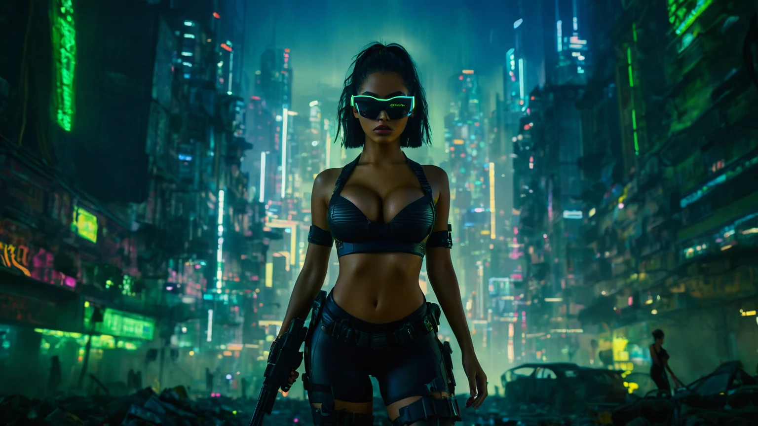 dark futuristic landscape, at night, neon lights, Atmospheric fog, large buildings in the background, futuristic city, busy streets with open shops, Ruined buildings, skyscraper (postapocalyptic city:1.3). at night, (((Matrix style cascading code))), (1woman, solo, perfect body), photo realistic, (large-breast:1.1 slim body, cleavage), (((tube top, extreamly short pleated (((((miniskirt))))) exposing panty))), (((((((matrix style black sunglasses))))))), (((((((sprinting with a (pistol), looking at camera))))))), (((half-body (thigh level) medium shot))), cinematic lighting.
