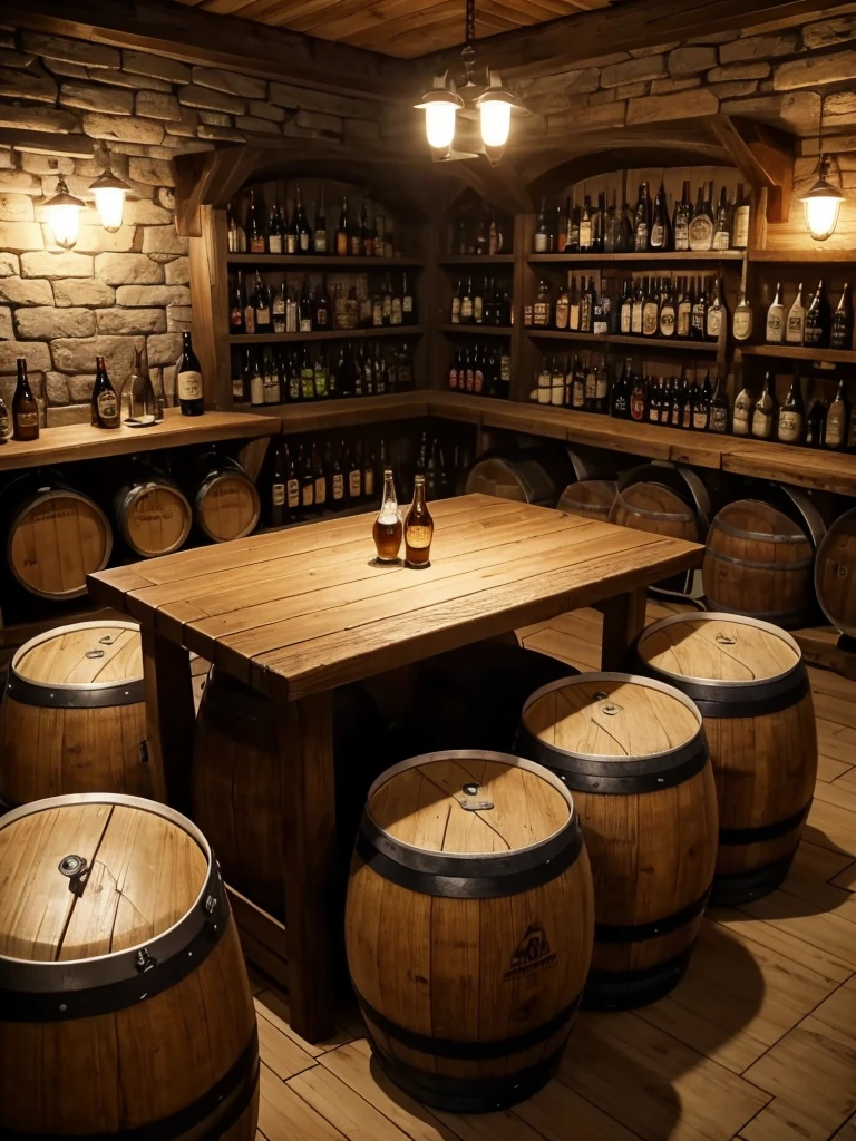 A close short wiew photo of a small beer cellar with a beer barrel on the right and table on the left with bear glasses on it
