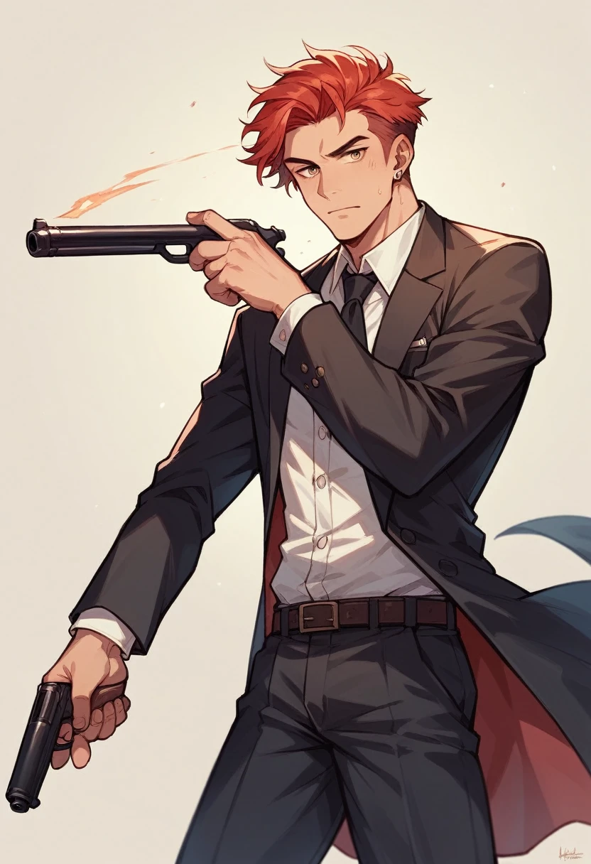generates a grown man, wearing suit, with Scottish features, Red-Haired, holding a shotgun, He&#39;s a former street fighter from Scotland