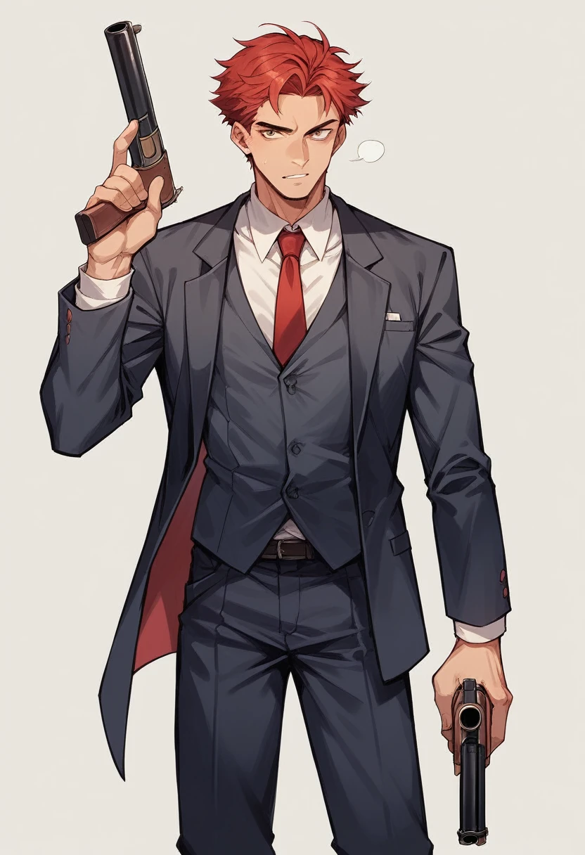 generates a grown man, wearing suit, with Scottish features, Red-Haired, holding a shotgun, He's a former street fighter from Scotland