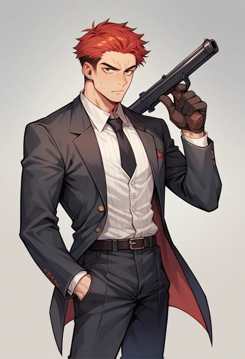 generates a grown man, wearing suit, with Scottish features, Red-Haired, holding a shotgun, He&#39;s a former street fighter from Scotland