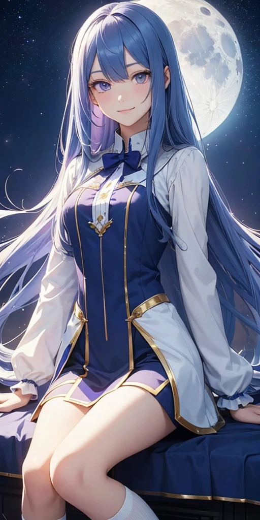 Blue long hair, using long socks,left eyes blue,right eyes purple, having a moon hallow at head, look foward, closing mouth, smile,innocent and cute face,dressed in aristocratic clothes, Royal clothe design,166 cm height, teenage body, HD painting, midnight sky background full of star, HD detail, anime graphics HD,