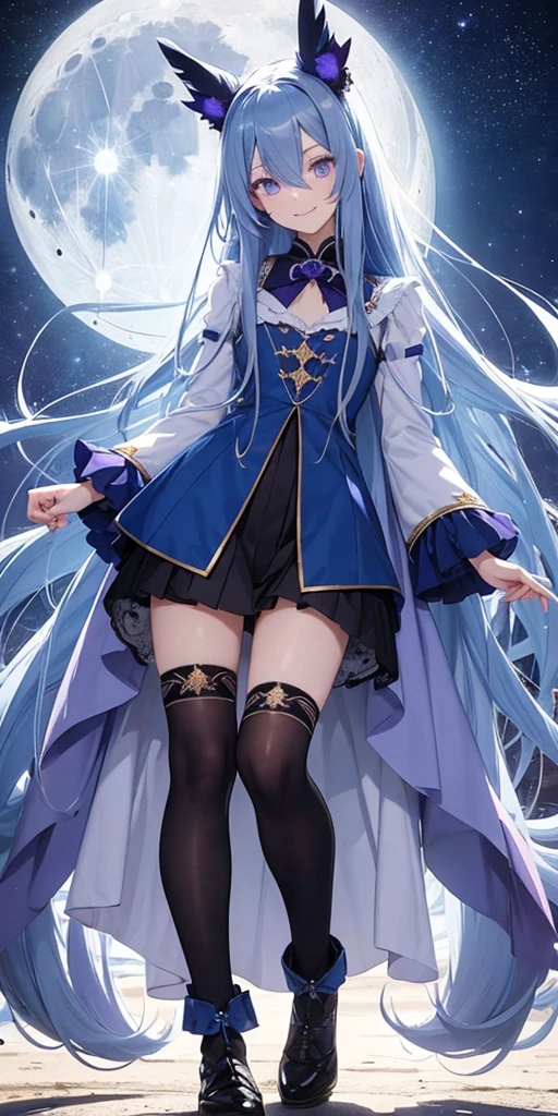 Blue long hair, using long socks,left eyes blue,right eyes purple, having a moon hallow at head, look foward, closing mouth, smile,innocent and cute face,dressed in aristocratic clothes, Royal clothe design,166 cm height, age body, HD painting, midnight sky background full of star, HD detail, anime graphics HD,