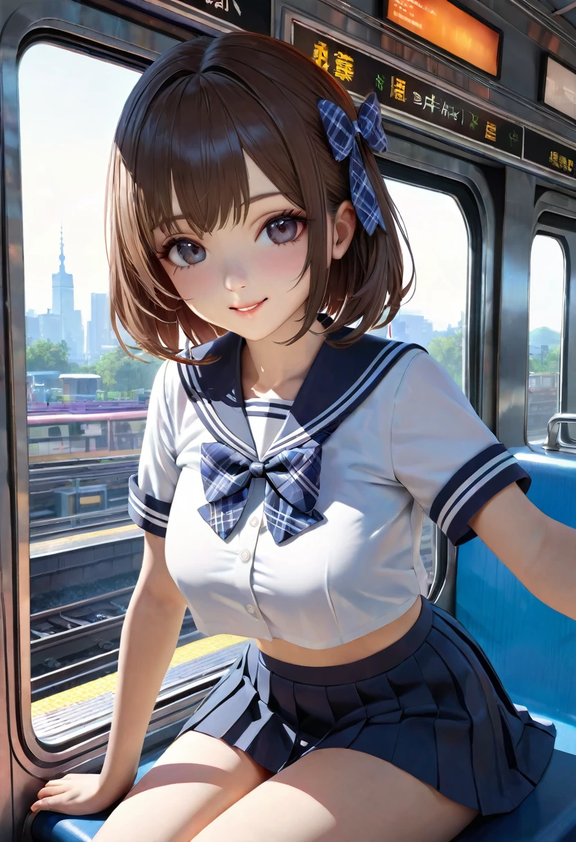 (masterpiece:1.3), (8K、Realistic, RAW Photos, Highest quality:1.2), ((A cute, beautiful girl is staring at me on the commuter train)), (Very beautiful 14 year old Japanese girl), (1 Girl), (soro), (cute:1.3), Symmetrical perfect face, nice smile, Red cheeks, (Skin with attention to detail: 1.2), Photorealistic Anime Girl Rendering, Realistic anime 3D style, Beautiful brown bob hair, Intense black eyes, Strong eye highlights, (Accurate and natural normal size breasts), Perfect Anatomy, My hair is messy, (Sailor suit), ((Navy colored white short sleeve shirt, High school girl , Navy Pleated Skirt, navy blue plaid bow tie, mini skirt)), (Luxury silk bra and panties), Accurate Arm, Five Fingers, Accurate legs, morning, (Beautiful Landscape Background), (Downtown), On the bench, get up, Volumetric lighting, Soft Light, bright, neon, bright colors