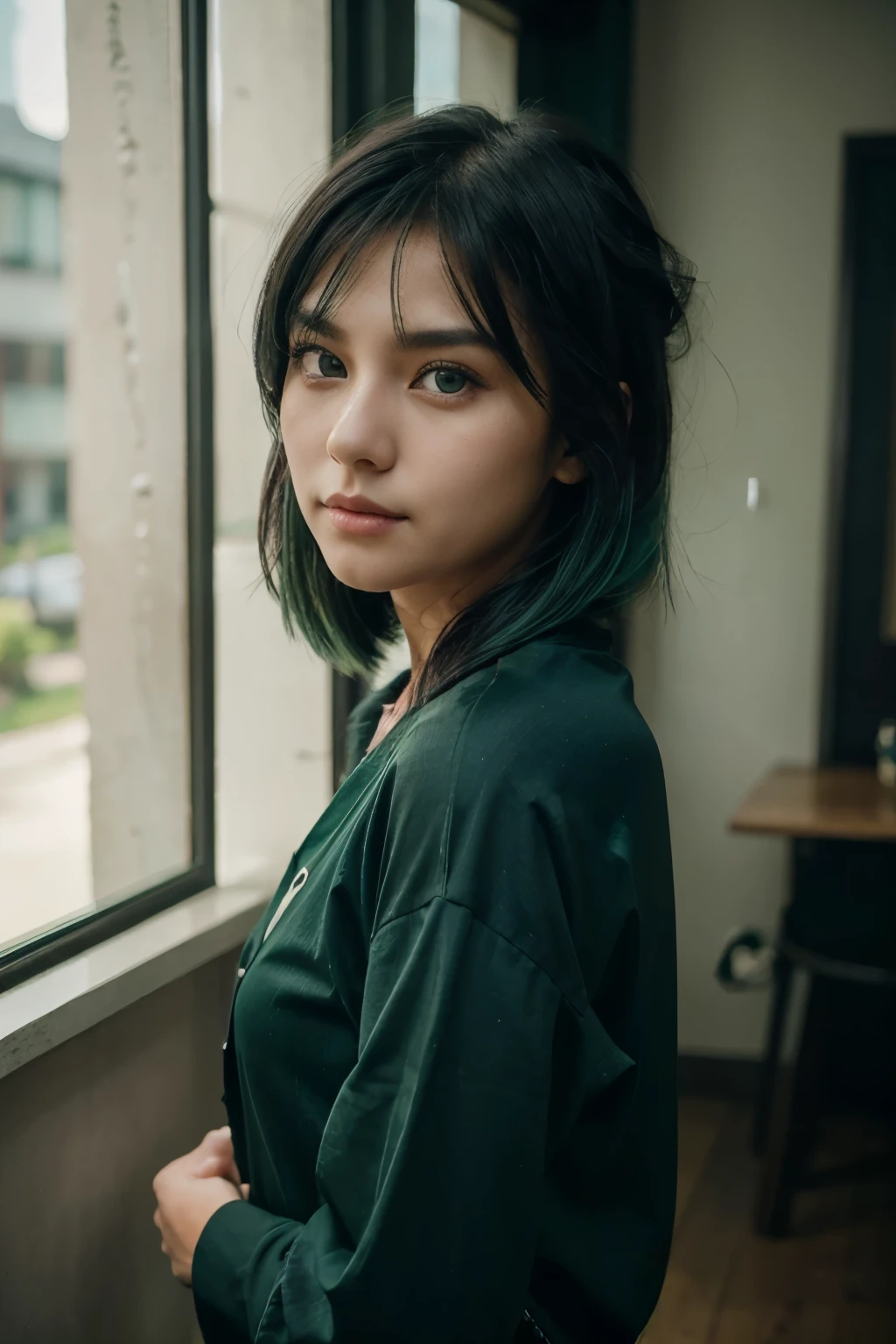 a girl with long wolf cut hairstyle, darkgreen green and black hair, facing forward, with a cool smirk, beautiful face, masterpiece, best quality, boyish clothing, korean girl, dark blue green eyes, masterpiece, portrait.