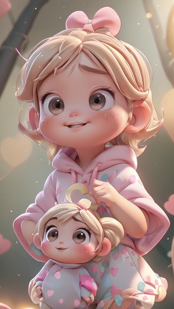 (best quality: 1.4), (bright skin), body focus, (pretty face), (((best quality))), illustration, ((beautiful hands)), beautiful character design, perfect lighting, colorful , bright_front_face_lighting, ultra high resolution, high resolution, absurd: 1.2, bokeh: 1.2, lens flare, (vibrant_Color: 1.2), thick, blonde hair with colored grains, pink bow, pink and yellow hoodie, big brown eyes, pink blush on cheeks, happy expression, white shorts. two year old girl, short blonde hair, ((cute))