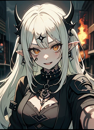 perfect work of art, dark theme, (Caucasian skin: 1.2), 1 girl, (medium breasts: 2.0), (sensuous), armors, yellow eyes, pointy ears, hair green, necklase, Gothic_punk, teeths, ssmile, chain, (spiky hair: 1.1), choker sp1k3, torn garments, (forehead protector: 1.5, konohagakure symbol, tatoo), Ablaze, Ablaze eyes, smoke, colorful spot, villany, (Night rain: 1.21), (trunk: 1.21 selfies: 1.1