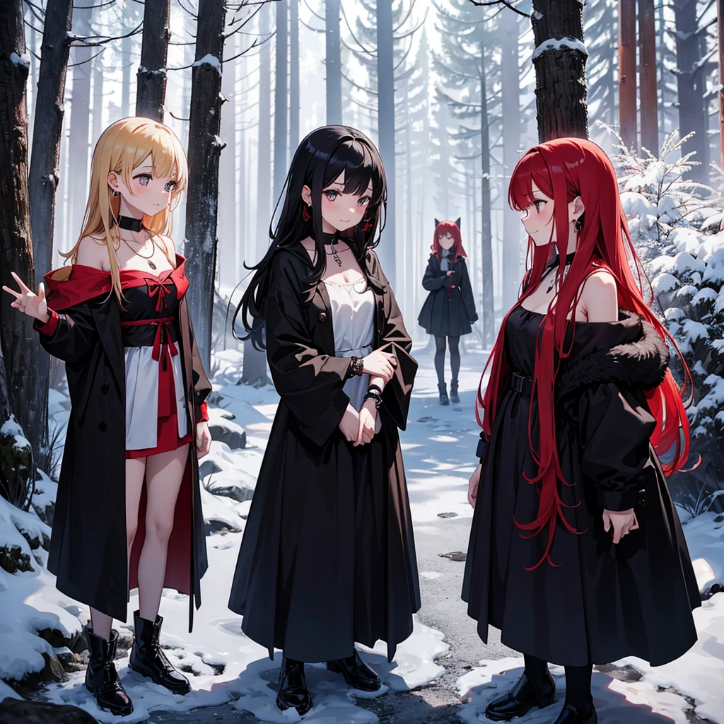 a group of beautiful witch girls in the middle of a forest in the night,snowy forest, snow, black clothes, black and red clothes, necklaces, girls standing,short skirt, sexy ,exposed shoulders light dress, transparent dress, girls standing in the middle of the forest , bracelets, earrings, completely naked tribal tattoos, three girls, blonde hair, black hair , red hair, smile