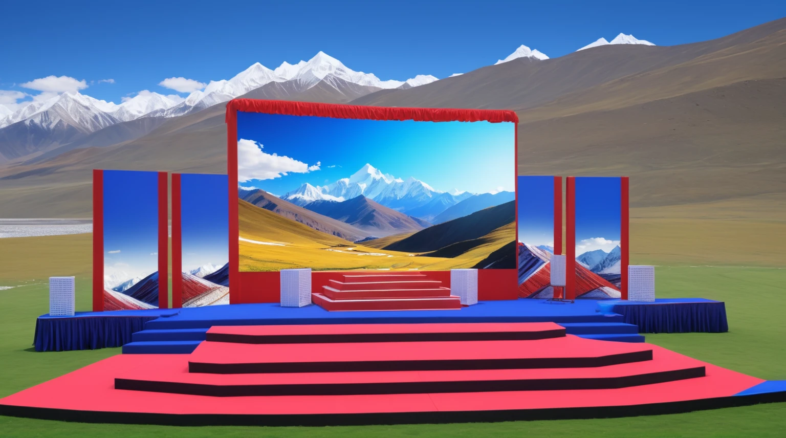 masterpiece，C4D，OC Renderer，high quality，Bright hues，Outdoor event stage design 3D rendering, Tibet, LED screen, two red podiums and blue seats, Grass, chairs, mountains, hot air balloon, snow, mountains, white, panoramic view