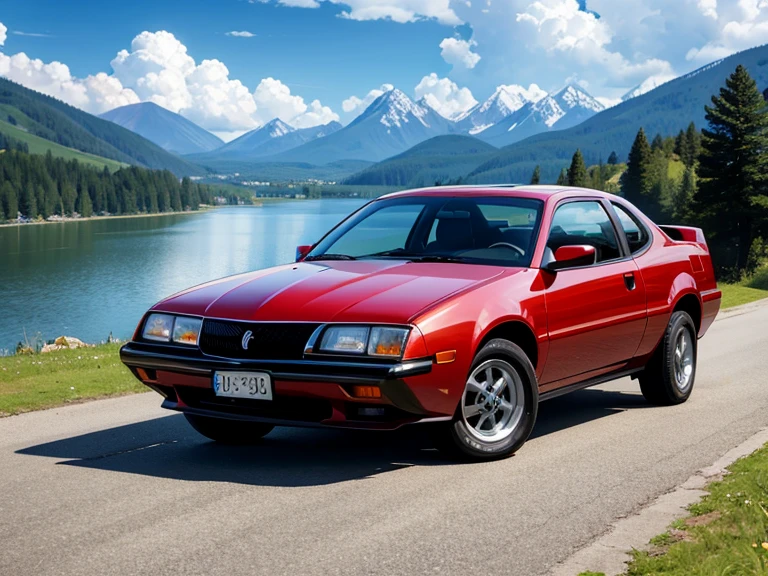 pontiac sunbird car, mountain road, lake, clouds, trees