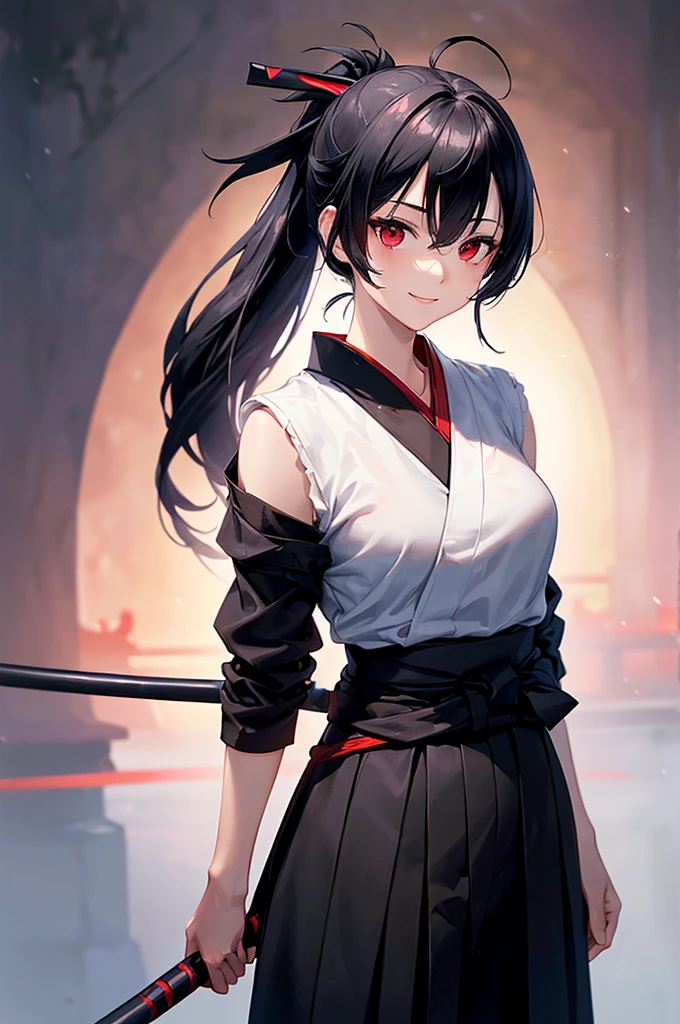 (masterpiece; best quality: 1.2), (finely detailed eyes: 1.3), ((25 year old woman)), ((solo)), (red eyes: 1.4), (body; lithe, slender, femenine: 1.3), (black hair in ponytail: 1.3), (beautiful and clear background: 1.2), ((depth of field)), (clothes: ronin attire + black hakama + black sash: 1.3), (anime illustration: 1.2), (background composition; kendo dojo + night time: 1.1), (extremely fine and beautiful: 1.1), (shot composition; standing + centered on torso + close-up: 1.5), (expression; calm, smile: 1.2)