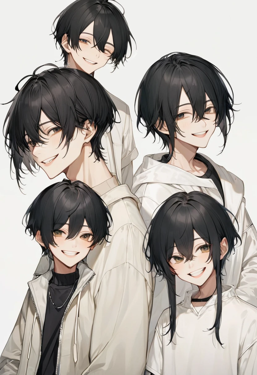Raise a skinny boy,offwhite,straight black hair, Grinning