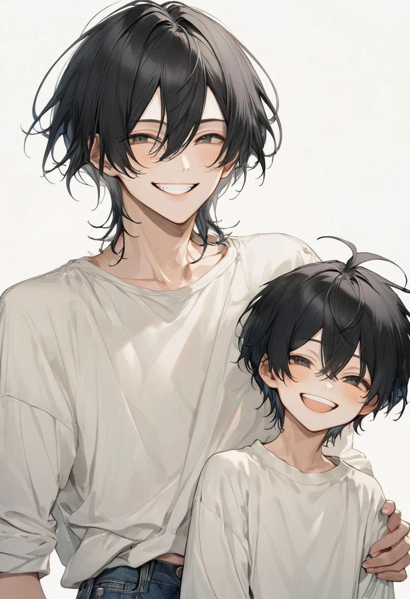 Raise a skinny boy,offwhite,straight black hair, Grinning