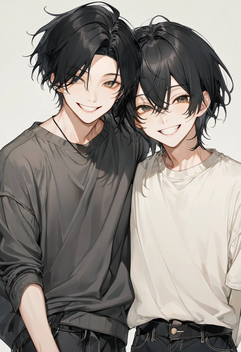 Raise a skinny boy,offwhite,straight black hair, Grinning