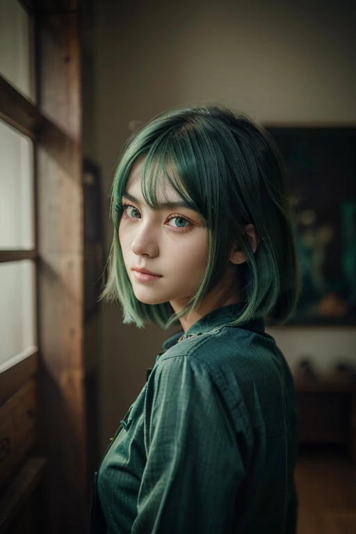 a girl with long wolf cut hairstyle, darkgreen green hair, facing forward, with a cool smirk, beautiful face, masterpiece, best quality, boyish clothing, korean girl, dark blue green eyes, masterpiece, portrait.