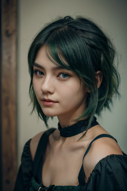 a girl with long wolf cut hairstyle, darkgreen green hair, facing forward, with a cool smirk, beautiful face, masterpiece, best quality, boyish clothing, korean girl, dark blue green eyes, masterpiece, portrait.