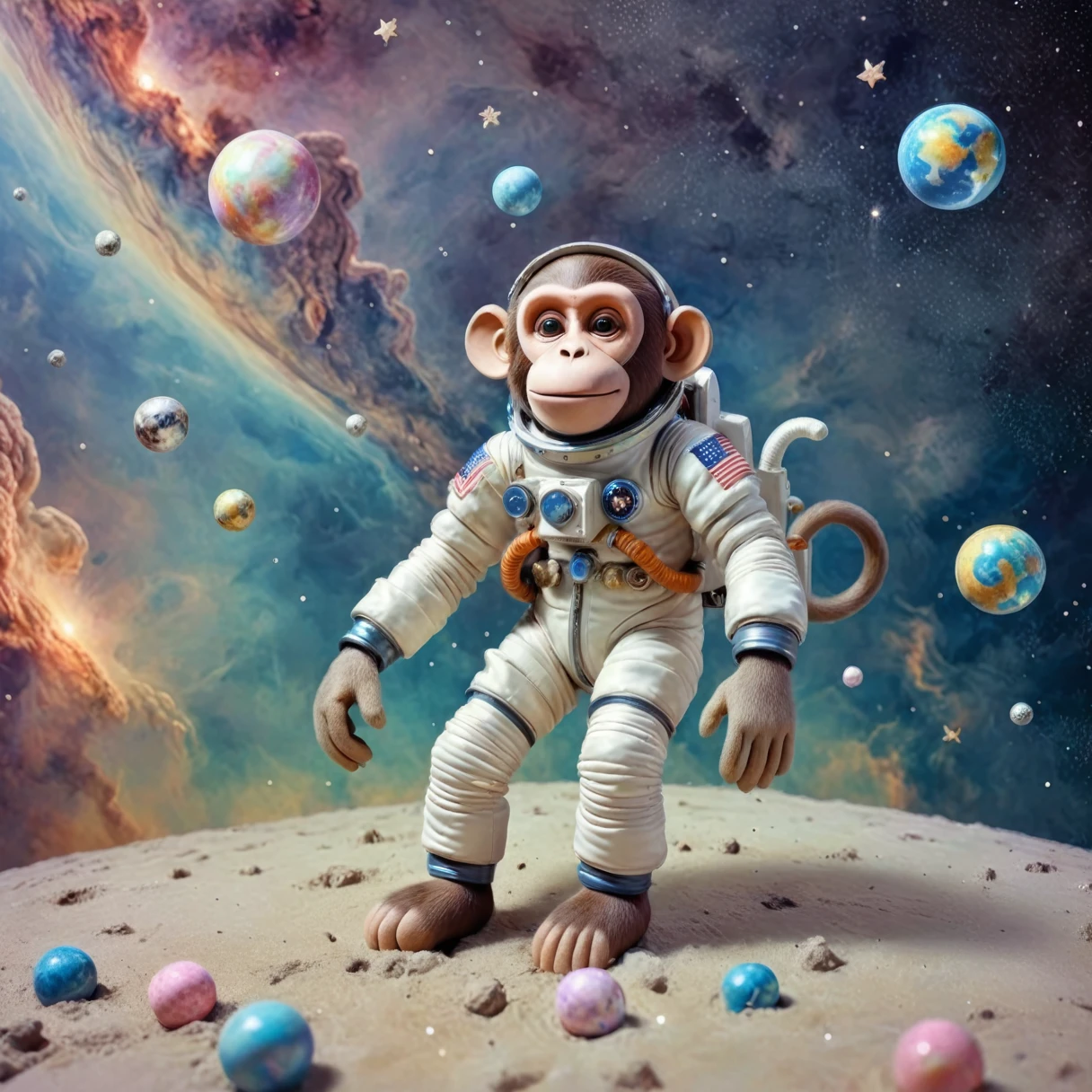 replicate last two images, Anime, Drawing of a monkey astronaut floating in space, in a vintage space suit with a serene expression. The background features a starry sky with colorful nebulas and Earth in the distance. The scene should have a soft, peaceful tone with pastel colors and gentle lighting, evoking tranquility and introspection. Include small twinkling stars, planets, and soft meteors to enhance the relaxing, dreamy atmosphere.