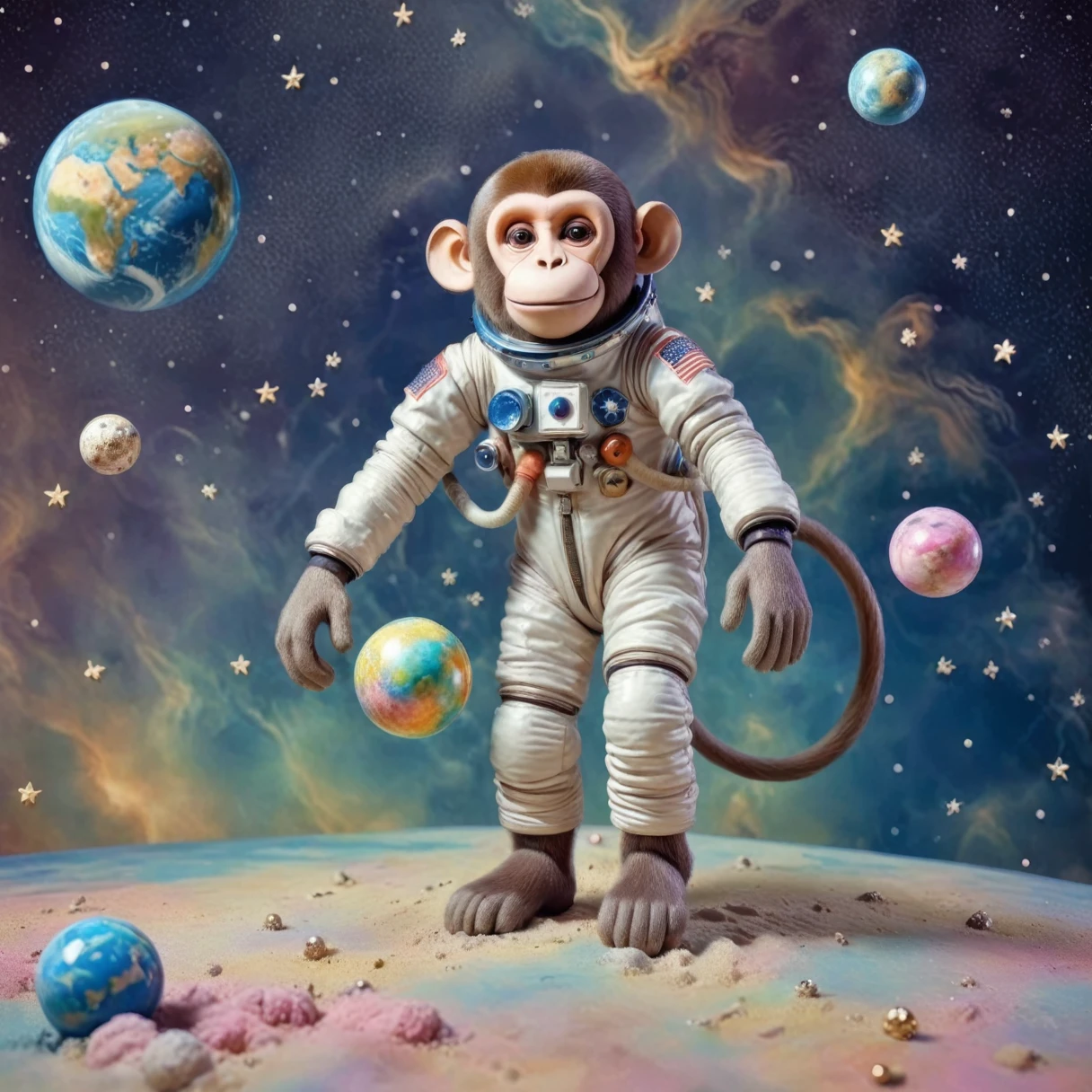 replicate last two images, Anime, Drawing of a monkey astronaut floating in space, in a vintage space suit with a serene expression. The background features a starry sky with colorful nebulas and Earth in the distance. The scene should have a soft, peaceful tone with pastel colors and gentle lighting, evoking tranquility and introspection. Include small twinkling stars, planets, and soft meteors to enhance the relaxing, dreamy atmosphere.