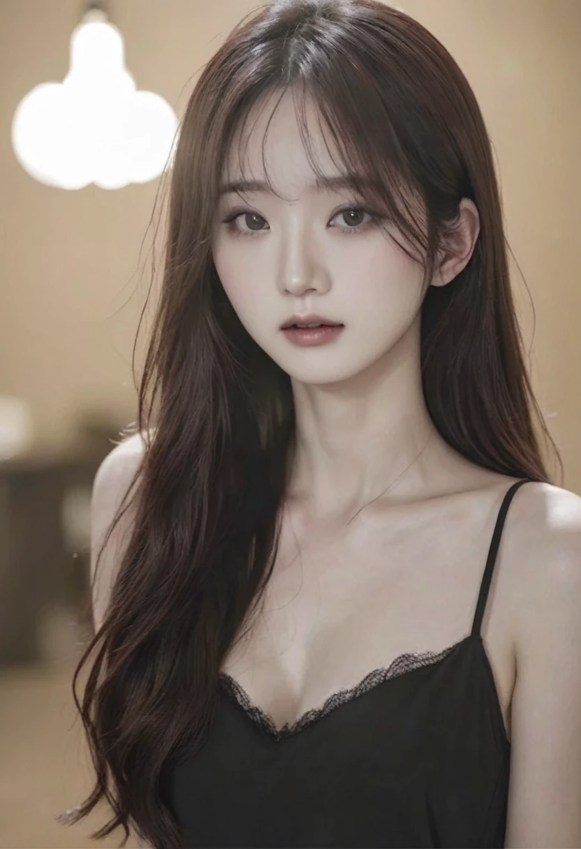 A Korean girl, messy long brown hair, beautiful, pale skin, black dress, hot, baddie, close up face