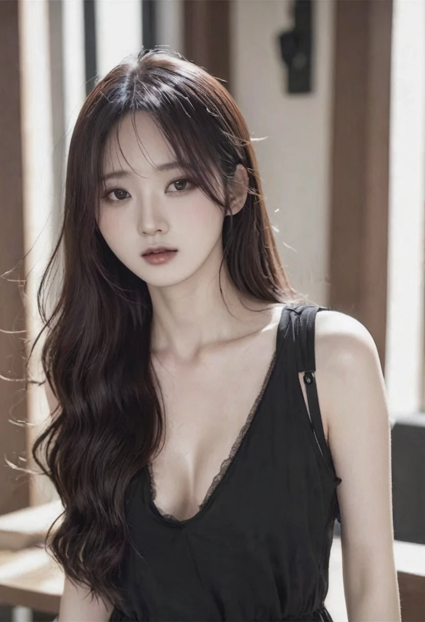 A Korean girl, messy long brown hair, beautiful, pale skin, black dress, hot, baddie, close up face