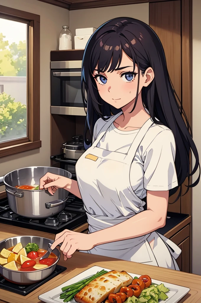 Woman in kitchen, looking at camera while cooking fancy food