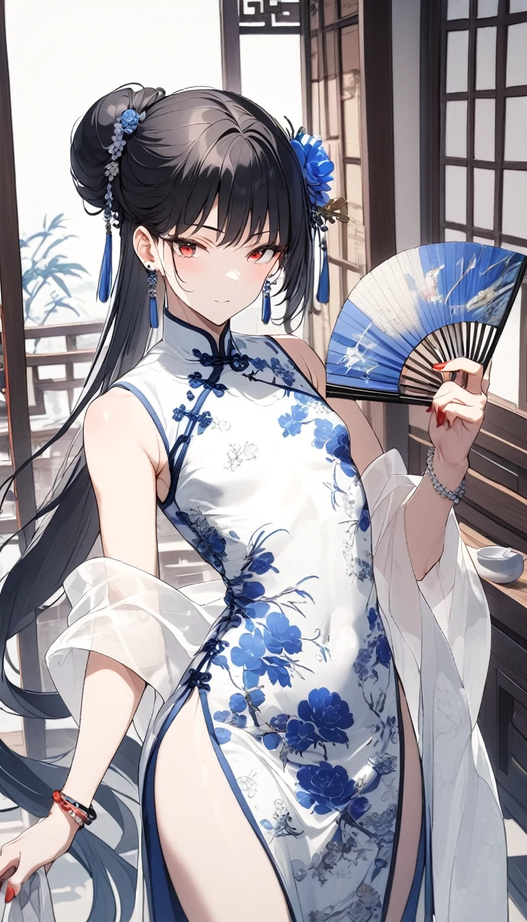 1man,(mature male),cool face,35 year old,red eyes,flat_chest,seductive smile,blue and white Chinese-style clothing,blue and white Chinese dress,blue and white Chinese qipao,blue and white floral print print,standing,black hair,very long hair,long bangs,jewelry,blue and white chinese clothes,print dress,sleeveless,shawl,hand fan,legs_apart,bulge,looking at viewer,indoor,(teahouse),earrings,red nails,holding,bracelet,solo,holding fan,hair ornament,