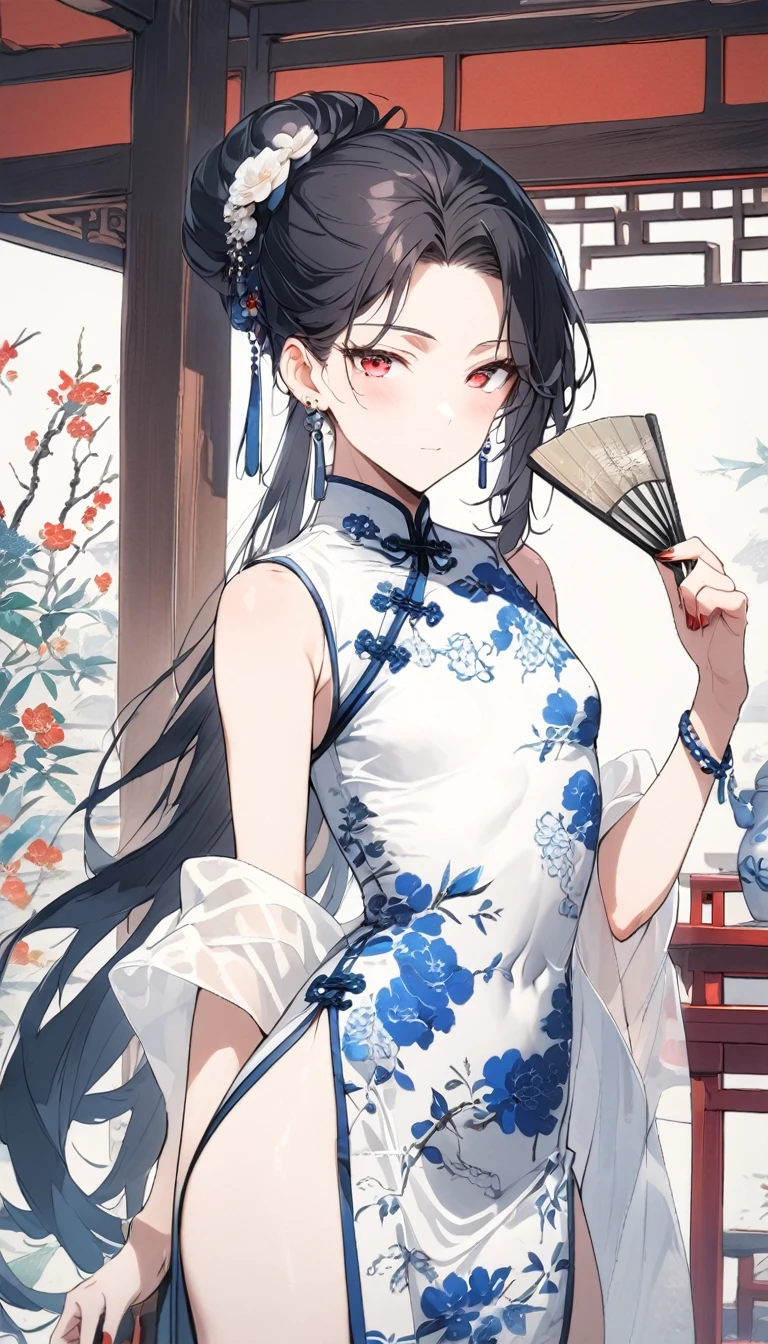 1man,(mature male),cool face,35 year old,red eyes,flat_chest,seductive smile,blue and white Chinese-style clothing,blue and white Chinese dress,blue and white Chinese qipao,blue and white floral print print,standing,black hair,very long hair,long bangs,jewelry,blue and white chinese clothes,print dress,sleeveless,shawl,hand fan,legs_apart,bulge,looking at viewer,indoor,(teahouse),earrings,red nails,holding,bracelet,solo,holding fan,hair ornament,