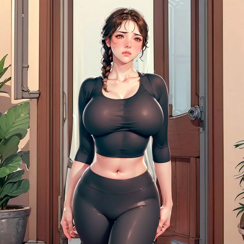 (((Perfect body,White and tender skin,(((Black yujiasuit, yoga pants, yoga long sleeves))),(((brown eyes, braid, long hair, braided ponytail, single braid, hair over shoulder, bangs, blush, lips))),((masterpiece)),highres,((Best quality at best)),masterpiece,quality,Best quality,((( Exquisite facial features,Looking at the audience,There is light in the eyes,(((frown,blush)))Kneeling on the ground,From the back,Plump buttocks,))),(((Light and shadow,Huge breasts,))),(((Looking at the camera,White background))))